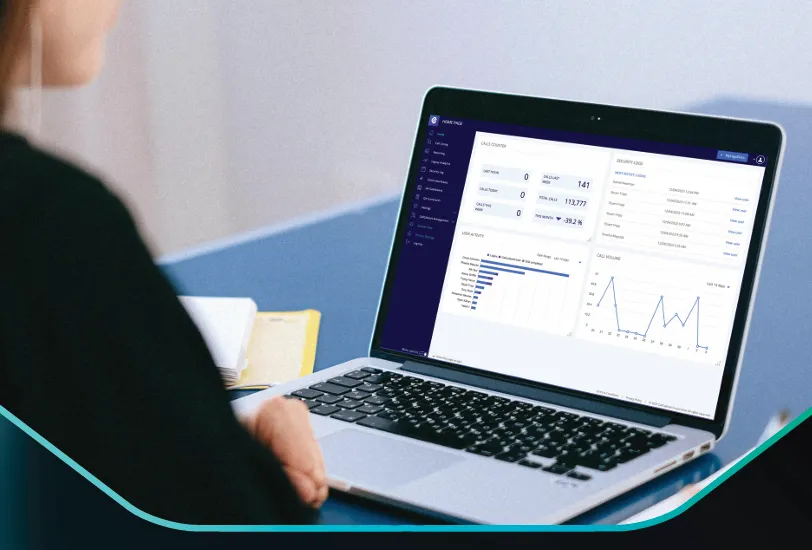 Laptop dashboard showing Access4 call analytics, call volume, and user activity