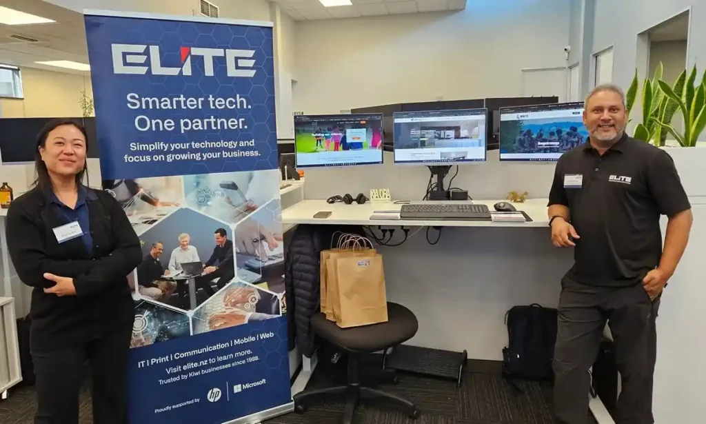 Elite Business Systems website services stand at Elite Open Day 2026 Hamilton