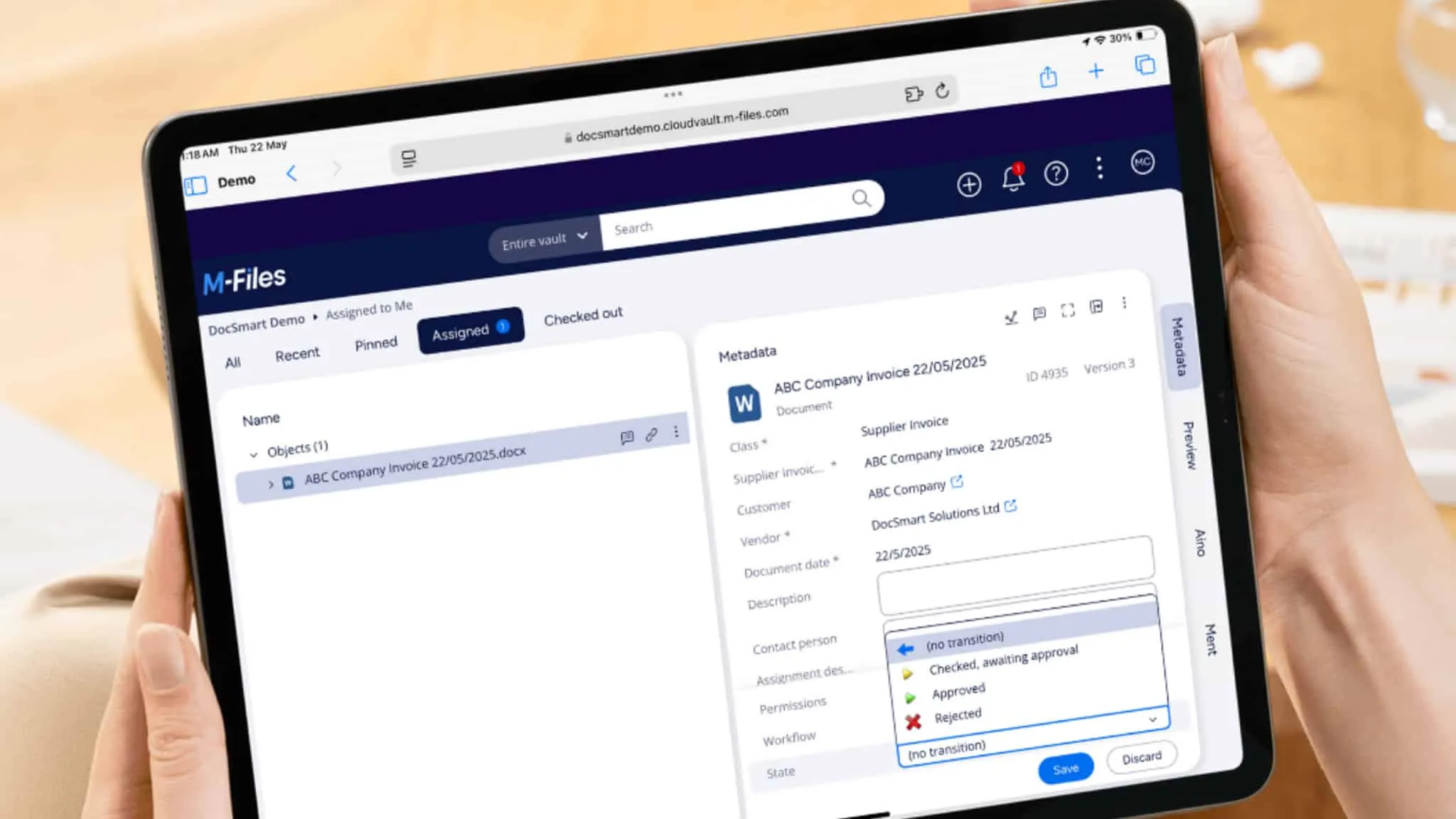 M-Files workflow states showing an invoice awaiting approval