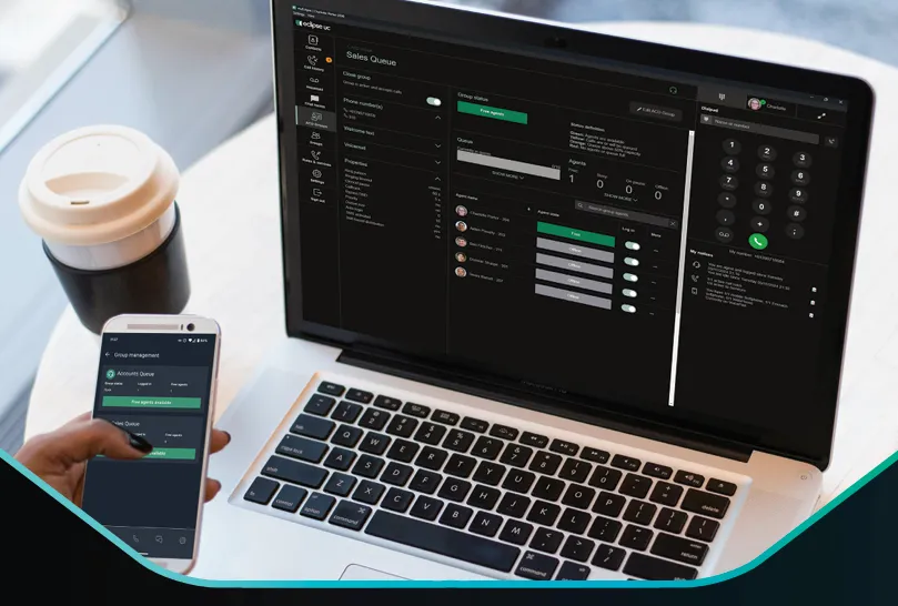 Laptop and mobile phone showing Access4 call queue and agent status management